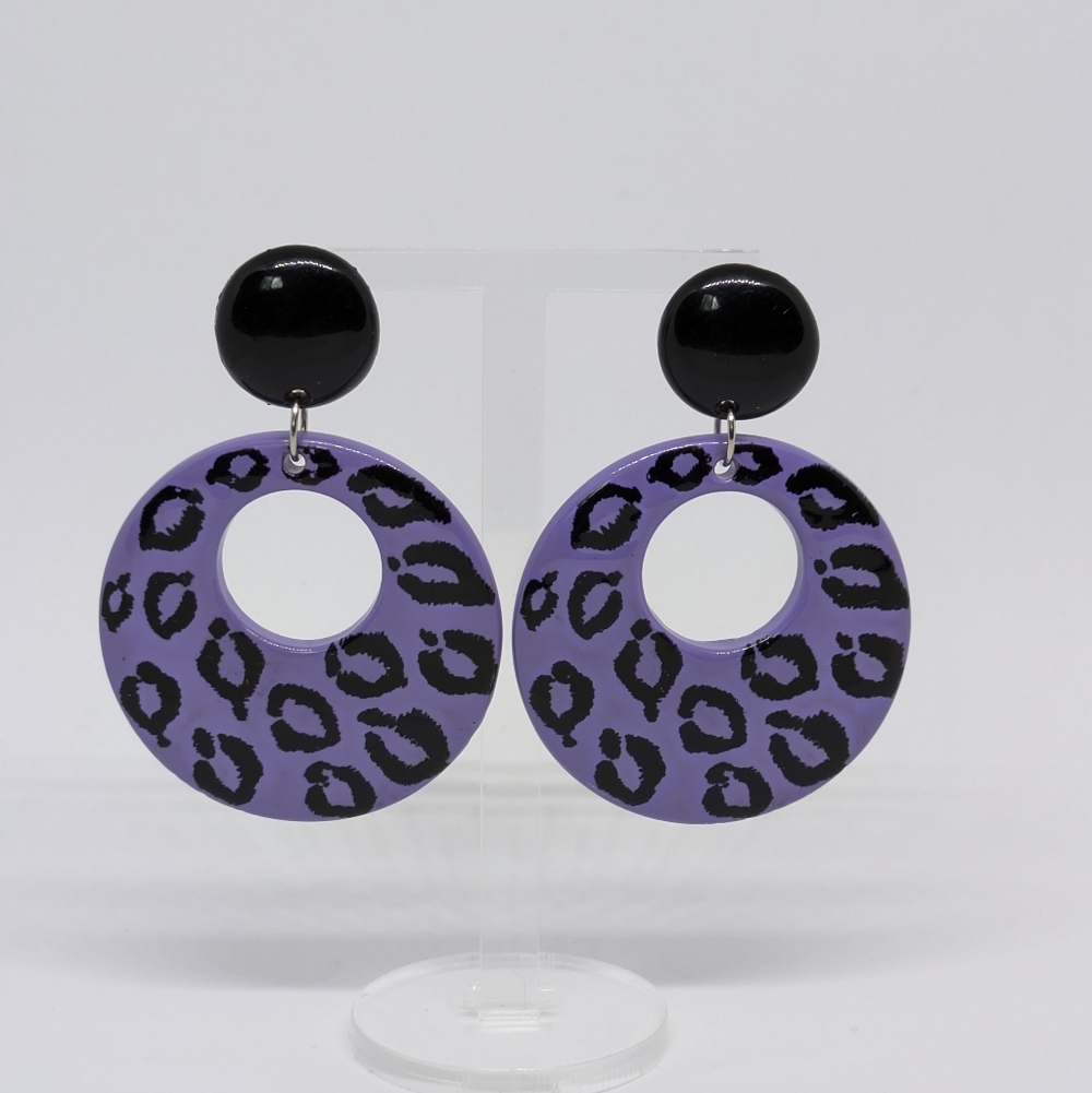 Vintage Big Boho Earrings Leopard Animal Print Purple and Black Bohemian Retro
